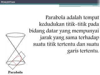 Parabola adalah tempat 
kedudukan titik-titik pada 
bidang datar yang mempunyai 
jarak yang sama terhadap 
suatu titik tertentu dan suatu 
garis tertentu. 
PENGERTIAN 
 