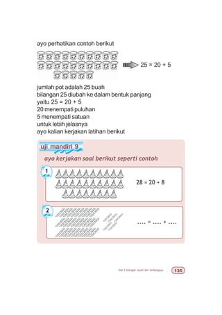 bab 5 bilangan cacah dan lambangnya !#
ayo perhatikan contoh berikut
25 = 20 + 5
uji mandiri 9
ayo kerjakan soal berikut seperti contoh
1
28 = 20 + 8
jumlah pot adalah 25 buah
bilangan 25 diubah ke dalam bentuk panjang
yaitu 25 = 20 + 5
20 menempati puluhan
5 menempati satuan
untuk lebih jelasnya
ayo kalian kerjakan latihan berikut
2
.... = .... + ....
 