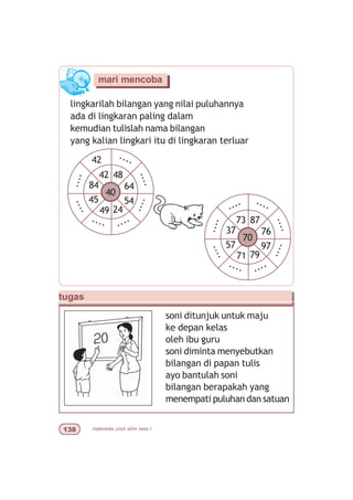 matematika untuk sd/mi kelas I!
mari mencoba
lingkarilah bilangan yang nilai puluhannya
ada di lingkaran paling dalam
kemudian tulislah nama bilangan
yang kalian lingkari itu di lingkaran terluar
soni ditunjuk untuk maju
ke depan kelas
oleh ibu guru
soni diminta menyebutkan
bilangan di papan tulis
ayo bantulah soni
bilangan berapakah yang
menempati puluhan dan satuan
70
73 87
76
97
7971
57
37
.... ....
........
........
........
40
42 48
64
54
2449
45
84
....
........
........
........
tugas
42
 