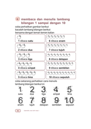 matematika untuk sd/mi kelas I$
coba perhatikan gambar berikut
bacalah lambang bilangan berikut
bersama dengan teman teman kalian
¯ membaca dan menulis lambang
bilangan 1 sampai dengan 10
1 dibaca satu 6 dibaca enam
2 dibaca dua 7 dibaca tujuh
3 dibaca tiga 8 dibaca delapan
4 dibaca empat 9 dibaca sembilan
5 dibaca lima 10 dibaca sepuluh
coba sekarang perhatikan cara menulis
lambang bilangan berikut ini
1
2
1
satu
enam
dua
tujuh
tiga
delapan
empat
sembilan
lima
sepuluh
1
2
1
2
1
2
3
1
2
3
1
2
1
2
1
2
1
2
3
 