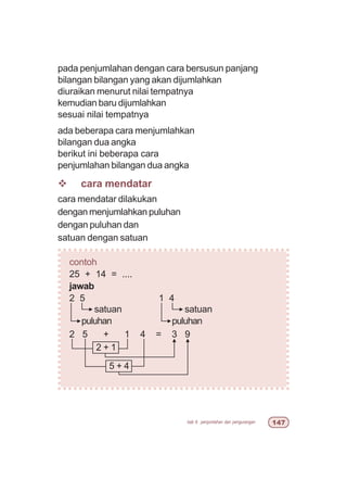 bab 6 penjumlahan dan pengurangan %
pada penjumlahan dengan cara bersusun panjang
bilangan bilangan yang akan dijumlahkan
diuraikan menurut nilai tempatnya
kemudian baru dijumlahkan
sesuai nilai tempatnya
ada beberapa cara menjumlahkan
bilangan dua angka
berikut ini beberapa cara
penjumlahan bilangan dua angka
v cara mendatar
cara mendatar dilakukan
dengan menjumlahkan puluhan
dengan puluhan dan
satuan dengan satuan
contoh
25 + 14 = ....
jawab
2 5 1 4
2 5 + 1 4 = 3 9
satuan
puluhan
satuan
puluhan
5 + 4
2 + 1
 