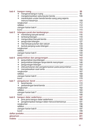 bab 4 bangun ruang ................................................................................. 89
mengenal bangun ruang ............................................................ 90
mengelompokkan sekumpulan benda ....................................... 106
menentukan urutan benda benda ruang yang sejenis
menurut besarnya ...................................................................... 109
rangkuman ....................................................................................... 112
refleksi .............................................................................................. 112
ulangan harian bab 4 ........................................................................ 113
kunci ................................................................................................. 114
bab 5 bilangan cacah dan lambangnya................................................... 115
membilang banyak benda .......................................................... 116
lambang bilangan....................................................................... 118
mengurutkan banyak benda....................................................... 123
pengurutan bilangan................................................................... 127
nilai tempat puluhan dan satuan ................................................ 130
bentuk panjang suatu bilangan................................................... 133
rangkuman ....................................................................................... 139
refleksi .............................................................................................. 139
ulangan harian bab 5 ........................................................................ 140
kunci ................................................................................................. 142
bab 6 penjumlahan dan pengurangan.................................................... 143
penjumlahan dua bilangan ......................................................... 144
penjumlahan bilangan tanpa teknik menyimpan ........................ 146
pengurangan bilangan................................................................ 153
sifat pertukaran dan pengelompokan pada penjumlahan........... 161
menyelesaikan soal cerita ......................................................... 164
rangkuman ....................................................................................... 167
refleksi .............................................................................................. 168
ulangan harian bab 6 ........................................................................ 168
kunci ................................................................................................. 170
bab 7 pengukuran berat .......................................................................... 171
berat benda ................................................................................ 172
perbandingan berat benda ......................................................... 177
rangkuman ....................................................................................... 182
refleksi .............................................................................................. 182
ulangan harian bab 7 ........................................................................ 183
kunci ................................................................................................. 186
bab 8 bangun datar sederhana ............................................................... 187
jenis jenis bangun datar sederhana ........................................... 188
pengelompokan bangun datar menurut bentuknya .................... 191
rangkuman ....................................................................................... 196
refleksi .............................................................................................. 196
ulangan harian bab 8 ........................................................................ 197
kunci ................................................................................................. 199
daftar pustaka............................................................................................... 200
glosarium ...................................................................................................... 201
indeks ......................................................................................................... 202
vii
 