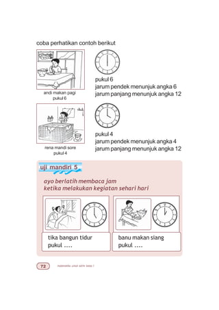 matematika untuk sd/mi kelas I%
uji mandiri 5
ayo berlatih membaca jam
ketika melakukan kegiatan sehari hari
tika bangun tidur
pukul ....
banu makan siang
pukul ....
andi makan pagi
pukul 6
pukul 6
jarum pendek menunjuk angka 6
jarum panjang menunjuk angka 12
rena mandi sore
pukul 4
pukul 4
jarum pendek menunjuk angka 4
jarum panjang menunjuk angka 12
coba perhatikan contoh berikut
 