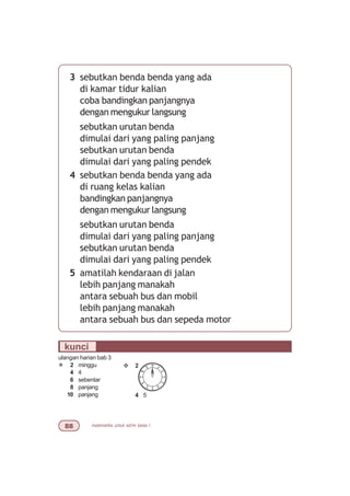 matematika untuk sd/mi kelas I
kunci
ulangan harian bab 3
¯ 2 minggu
4 4
6 sebentar
8 panjang
10 panjang
3 sebutkan benda benda yang ada
di kamar tidur kalian
coba bandingkan panjangnya
dengan mengukur langsung
sebutkan urutan benda
dimulai dari yang paling panjang
sebutkan urutan benda
dimulai dari yang paling pendek
4 sebutkan benda benda yang ada
di ruang kelas kalian
bandingkan panjangnya
dengan mengukur langsung
sebutkan urutan benda
dimulai dari yang paling panjang
sebutkan urutan benda
dimulai dari yang paling pendek
5 amatilah kendaraan di jalan
lebih panjang manakah
antara sebuah bus dan mobil
lebih panjang manakah
antara sebuah bus dan sepeda motor
v 2
4 5
 