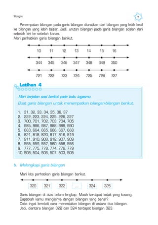 Bilangan 9
Penempatan bilangan pada garis bilangan diurutkan dari bilangan yang lebih kecil
ke bilangan yang lebih besar. Jadi, urutan bilangan pada garis bilangan adalah dari
sebelah kiri ke sebelah kanan.
Mari perhatikan garis bilangan berikut.
Latihan 4Latihan 4Latihan 4Latihan 4Latihan 4
Mari kerjakan soal berikut pada buku tugasmu.
Buat garis bilangan untuk menempatkan bilangan-bilangan berikut.
1. 31, 32, 33, 34, 35, 36, 37
2. 222, 223, 224, 225, 226, 227
3. 700, 701, 702, 703, 704, 705
4. 985, 986, 987, 988, 989, 990
5. 663, 664, 665, 666, 667, 668
6. 821, 818, 820, 817, 816, 819
7. 911, 910, 908, 912, 907, 909
8. 555, 559, 557, 560, 558, 556
9. 777, 775, 778, 774, 776, 779
10. 508, 504, 506, 507, 503, 505
10 11 12 13 14 15 16
344 345 346 347 348 349 350
721 722 723 724 725 726 727
b. Melengkapi garis bilangan
Mari kita perhatikan garis bilangan berikut.
Garis bilangan di atas belum lengkap. Masih terdapat kotak yang kosong.
Dapatkah kamu mengisinya dengan bilangan yang benar?
Coba ingat kembali cara menentukan bilangan di antara dua bilangan.
Jadi, diantara bilangan 322 dan 324 terdapat bilangan 323.
321 322 ... 324 325320
 