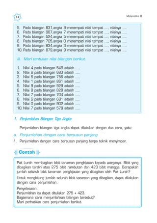 Matematika III14
1. Penjumlahan Bilangan Tiga Angka
Penjumlahan bilangan tiga angka dapat dilakukan dengan dua cara, yaitu:
a. Penjumlahan dengan cara bersusun panjang
1. Penjumlahan dengan cara bersusun panjang tanpa teknik menyimpan.
Pak Lurah membagikan bibit tanaman penghijauan kepada warganya. Bibit yang
dibagikan terdiri atas 275 bibit rambutan dan 423 bibit mangga. Berapakah
jumlah seluruh bibit tanaman penghijauan yang dibagikan oleh Pak Lurah?
Untuk menghitung jumlah seluruh bibit tanaman yang dibagikan, dapat dilakukan
dengan cara penjumlahan.
Penyelesaian:
Penjumlahan itu dapat dituliskan 275 + 423.
Bagaimana cara menjumlahkan bilangan tersebut?
Mari perhatikan cara penjumlahan berikut.
5. Pada bilangan 831,angka 8 menempati nilai tempat ..., nilainya ....
6. Pada bilangan 967,angka 7 menempati nilai tempat ..., nilainya ....
7. Pada bilangan 524,angka 5 menempati nilai tempat ..., nilainya ....
8. Pada bilangan 705,angka 0 menempati nilai tempat ..., nilainya ....
9. Pada bilangan 634,angka 3 menempati nilai tempat ..., nilainya ....
10. Pada bilangan 879,angka 9 menempati nilai tempat ..., nilainya ....
III. Mari tentukan nilai bilangan berikut.
1. Nilai 4 pada bilangan 549 adalah ....
2. Nilai 6 pada bilangan 683 adalah ....
3. Nilai 6 pada bilangan 756 adalah ....
4. Nilai 1 pada bilangan 861 adalah ....
5. Nilai 9 pada bilangan 929 adalah ....
6. Nilai 8 pada bilangan 828 adalah ....
7. Nilai 7 pada bilangan 704 adalah ....
8. Nilai 6 pada bilangan 691 adalah ....
9. Nilai 0 pada bilangan 902 adalah ....
10. Nilai 7 pada bilangan 579 adalah ....
Contoh
 