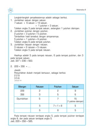 Matematika III24
+
Bilangan
229
356
Ratusan Puluhan Satuan
2
3
2
5
9
6
5 7 15
(1 puluhan disimpan)
Dijumlahkan
5 7 + 1 = 8 5
5 8 5
Langkah-langkah penyelesaiannya adalah sebagai berikut.
1. Jumlahkan satuan dengan satuan.
7 satuan + 6 satuan = 13 satuan.
= 1 puluhan + 3 satuan.
Tuliskan angka 3 pada tempat satuan, sedangkan 1 puluhan disimpan.
2. Jumlahkan puluhan dengan puluhan.
2 puluhan + 3 puluhan = 5 puluhan.
Tambahkan hasil tersebut dengan simpanannya.
5 puluhan + 1 puluhan = 6 puluhan.
Tuliskan angka 6 pada tempat puluhan.
3. Jumlahkan ratusan dengan ratusan.
3 ratusan + 2 ratusan = 5 ratusan.
Tuliskan angka 5 pada tempat ratusan.
Hasilnya adalah 5 pada tempat ratusan, 6 pada tempat puluhan, dan 3
pada tempat satuan.
Jadi, 327 + 236 = 563.
2. 229 + 356 = ....
Jawab:
Penjumlahan diubah menjadi bersusun, sebagai berikut.
2 2 9
3 5 6
. . . .
Pada tempat ratusan terdapat angka 5, pada tempat puluhan terdapat
angka 8, dan pada satuan terdapat angka 5.
Jadi, 229 + 356 = 585.
 