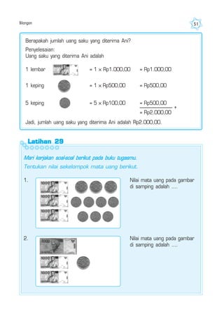 Bilangan 51
Berapakah jumlah uang saku yang diterima Ani?
Penyelesaian:
Uang saku yang diterima Ani adalah
1 lembar
1 keping
5 keping
= 1 × Rp1.000,00 = Rp1.000,00
= 1 × Rp500,00 = Rp500,00
= 5 × Rp100,00 = Rp500,00
= Rp2.000,00
Jadi, jumlah uang saku yang diterima Ani adalah Rp2.000,00.
Latihan 29Latihan 29Latihan 29Latihan 29Latihan 29
Mari kerjakan soal-soal berikut pada buku tugasmu.
Tentukan nilai sekelompok mata uang berikut.
1. Nilai mata uang pada gambar
di samping adalah ....
2. Nilai mata uang pada gambar
di samping adalah ....
+
 