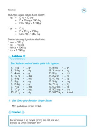 Pengukuran 79
Hubungan antara satuan berat adalah:
1 kg = 10 hg = 10 ons
= 10 × 10 dag = 100 dag
= 100 × 10 gr = 1.000 gr
1 gr = 10 dg
= 10 × 10 cg = 100 cg
= 100 × 10 = 1.000 mg
Satuan lain yang digunakan adalah ons.
1 ons = 100 gr.
1 kg = 10 ons.
1 kuintal = 100 kg.
1 ton = 1.000 kg.
Latihan 9Latihan 9Latihan 9Latihan 9Latihan 9
Mari kerjakan soal-soal berikut pada buku tugasmu.
1. 1 kg = ... gr
2. 5 dag = ... dg
3. 4 ons = ... gr
4. 12 hg = ... dag
5. 9 dg = ... mg
6. 3 gr = ... cg
7. 2 dag = ... gr
8. 7 kg = ... dag
9. 10 gr = ... mg
10. 15 hg = ... dg
11. 8 ons = ... gr
12. 3 kuintal = ... kg
13. 3 kg = ... ons
14. 200 gr = ... hg
15. 40 mg = ... cg
16. 5 dg = ... mg
17. 70 cg = ... dg
18. 600 dag = ... kg
19. 500 dag = ... ons
20. 5.000 kg = ... kuintal
4. Soal Cerita yang Berkaitan dengan Satuan
Mari perhatikan contoh berikut.
Ibu berbelanja 3 kg minyak goreng dan 40 ons telur.
Berapa kg jumlah belanjaan ibu?
Contoh
 