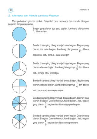 Matematika III90
2. Membaca dan Menulis Lambang Pecahan
Mari perhatikan gambar berikut. Pelajarilah cara membaca dan menulis bilangan
pecahan dengan saksama.
Bagian yang diarsir ada satu bagian. Lambang bilangannya
1, dibaca satu.
Benda di samping dibagi menjadi dua bagian. Bagian yang
diarsir ada satu bagian. Lambang bilangannya , dibaca
seperdua, satu perdua, atau setengah
Benda di samping dibagi menjadi tiga bagian. Bagian yang
diarsir ada satu bagian. Lambang bilangannya dan dibaca
satu pertiga atau sepertiga.
Benda di samping dibagi menjadi empat bagian. Bagian yang
diarsir ada satu bagian. Lambang bilangannya dan dibaca
satu perempat atau seperempat.
Benda di samping dibagi menjadi delapan bagian. Daerah yang
diarsir 3 bagian. Daerah keseluruhan 8 bagian. Jadi, bagian
yang diarsir bagian dan dibaca tiga perdelapan.
Benda di samping dibagi menjadi enam bagian. Daerah yang
diarsir 2 bagian. Daerah keseluruhan 6 bagian. Jadi, bagian
yang diarsir bagian dan dibaca dua perenam.
 