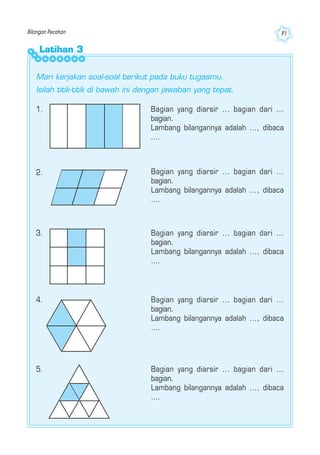 Bilangan Pecahan 91
Latihan 3
Mari kerjakan soal-soal berikut pada buku tugasmu.
Isilah titik-titik di bawah ini dengan jawaban yang tepat.
1. Bagian yang diarsir ... bagian dari ...
bagian.
Lambang bilangannya adalah ..., dibaca
....
2. Bagian yang diarsir ... bagian dari ...
bagian.
Lambang bilangannya adalah ..., dibaca
....
3. Bagian yang diarsir ... bagian dari ...
bagian.
Lambang bilangannya adalah ..., dibaca
....
4. Bagian yang diarsir ... bagian dari ...
bagian.
Lambang bilangannya adalah ..., dibaca
....
5. Bagian yang diarsir ... bagian dari ...
bagian.
Lambang bilangannya adalah ..., dibaca
....
 