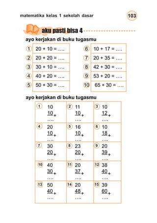 matematika kelas 1 sekolah dasar 103
aku pasti bisa 4
ayo kerjakan di buku tugasmu
1 20 + 10 = ….
2 20 + 20 = ….
3 30 + 10 = ….
4 40 + 20 = ….
5 50 + 30 = ….
6 10 + 17 = ….
7 20 + 35 = ….
8 42 + 30 = ….
9 53 + 20 = ….
10 65 + 30 = ….
ayo kerjakan di buku tugasmu
10
10
….
11
10
….
10
12
….
1 2 3
4 5 6
7 8 9
10 11 12
13 14 15
20
10
….
30
20
….
40
30
….
50
40
….
16
10
….
23
20
….
20
48
….
20
37
….
10
18
….
20
39
….
39
60
….
38
40
….
+
+
+
+
+
+
+
+
+
+
+
+
+
+
+
 