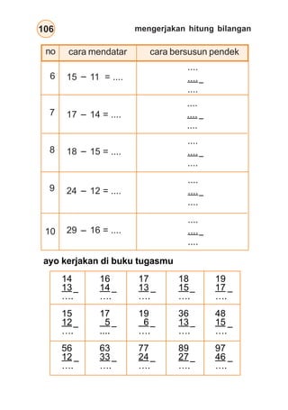 mengerjakan hitung bilangan106
....
....
....
6 15 11 = ....
17 14 = ....7
18 15 = ....8
....
....
....
cara mendatar cara bersusun pendek
24 12 = ....
....
....
....
29 16 = ....
....
....
....
9
10
no
ayo kerjakan di buku tugasmu
14
13
….
15
12
….
56
12
….
16
14
….
17
5
....
63
33
….
17
13
….
19
6
….
77
24
….
18
15
….
36
13
….
89
27
….
19
17
….
48
15
….
97
46
….
–
–
–
–
–
–
–
–
....
....
....
–
–
–
–
–
–
–
–
–
–
–
–
–
–
–
–
–
 