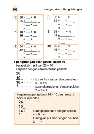 mengerjakan hitung bilangan108
6 86 = …. + 6
62 = …. + ….
= …. + ….
= ….
8 94 = …. + 4
81 = …. + ….
= …. + ….
= ….
10 99 = …. + 9
96 = …. + ….
= …. + ….
= ….
pengurangan bilangan kelipatan 10
berapakah hasil dari 20 – 10
kerjakan dengan cara bersusun pendek
20
10
10
○ ○ ○ ○ ○ ○ ○ ○ ○ ○ ○
kurangkan satuan dengan satuan
0 – 0 = 0
kurangkan puluhan dengan puluhan
2 – 1 = 1
5 36 = …. + 6
25 = …. + ....
= …. + ….
= ….
7 48 = …. + 8
36 = .... + ….
= …. + ….
= ….
9 54 = …. + 4
42 = …. + ....
= …. + ….
= ….
–
–
–
–
–
–
–○ ○ ○ ○ ○ ○
○○
○ ○
bagaimana pengerjaan 24 – 10 dengan cara
bersusun pendek
24
10
14 ○ ○ ○ ○ ○
○○○
○ ○ ○ ○ ○ ○ ○ ○
kurangkan satuan dengan satuan
4 – 0 = 4
kurangkan puluhan dengan puluhan
2 – 1 = 1
–
 