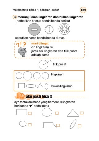 matematika kelas 1 sekolah dasar 139
sebutkan nama benda benda di atas
titik pusat
lingkaran
bukan lingkaran
aku pasti bisa 3
mari diingat
ciri lingkaran itu
jarak sisi lingkaran dan titik pusat
adalah sama
??!
ayo tentukan mana yang berbentuk lingkaran
beri tanda pada kotak
3 menunjukkan lingkaran dan bukan lingkaran
perhatikan bentuk benda benda berikut
 