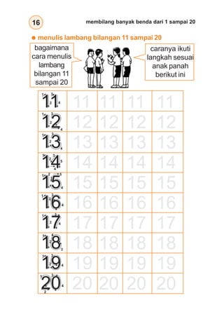 16 membilang banyak benda dari 1 sampai 20
menulis lambang bilangan 11 sampai 20
bagaimana
cara menulis
lambang
bilangan 11
sampai 20
caranya ikuti
langkah sesuai
anak panah
berikut ini
1
2
3
4
1
2
3
4
1
2
3
4
1
2
3
4
5
1 2
3
4
5
1
2
3
4
1
2
3
4
1
2
3
4
1
2
3
4
1
2
3
4
 