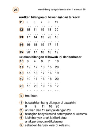 28 membilang banyak benda dari 1 sampai 20
11 5 3 7 9 11
. . . . . . . . . . . . . . .
12 15 11 19 18 20
. . . . . . . . . . . . . . .
13 17 14 13 20 18
. . . . . . . . . . . . . . .
14 16 18 19 17 15
. . . . . . . . . . . . . . .
15 20 17 18 16 19
urutkan bilangan di bawah ini dari terkecil
urutkan bilangan di bawah ini dari terbesar
16 6 4 8 7 10
. . . . . . . . . . . . . . .
17 19 17 13 15 20
. . . . . . . . . . . . . . .
18 15 18 17 16 19
. . . . . . . . . . . . . . .
19 19 17 16 18 20
. . . . . . . . . . . . . . .
20 15 20 19 16 17
. . . . . . . . . . . . . . .
tes lisanb
1 bacalah lambang bilangan di bawah ini
6 9 11 16 20
2 urutkan dari 11 sampai dengan 20
3 hitunglah banyak murid perempuan di kelasmu
4 lebih banyak anak laki laki atau
anak perempuan di kelasmu
5 sebutkan banyak kursi di kelasmu
 