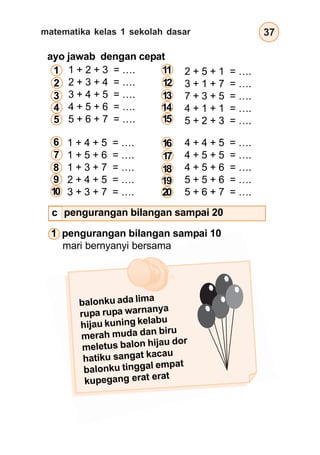 matematika kelas 1 sekolah dasar 37
1 + 2 + 3 = ….
2 + 3 + 4 = ….
3 + 4 + 5 = ….
4 + 5 + 6 = ….
5 + 6 + 7 = ….
ayo jawab dengan cepat
1 + 4 + 5 = ….
1 + 5 + 6 = ….
1 + 3 + 7 = ….
2 + 4 + 5 = ….
3 + 3 + 7 = ….
4 + 4 + 5 = ….
4 + 5 + 5 = ….
4 + 5 + 6 = ….
5 + 5 + 6 = ….
5 + 6 + 7 = ….
1 pengurangan bilangan sampai 10
mari bernyanyi bersama
balonku ada lima
rupa rupa warnanya
hijau kuning kelabu
merah muda dan biru
meletus balon hijau dor
hatiku sangat kacau
balonku tinggal empat
kupegang erat erat
2 + 5 + 1 = ….
3 + 1 + 7 = ….
7 + 3 + 5 = ….
4 + 1 + 1 = ….
5 + 2 + 3 = ….
pengurangan bilangan sampai 20
1
2
3
4
5
6
7
8
9
10
11
12
13
14
15
16
17
18
19
20
c
 