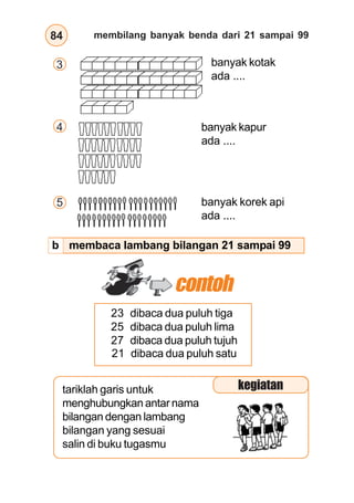 membilang banyak benda dari 21 sampai 9984
4 banyak kapur
ada ....
5 banyak korek api
ada ....
membaca lambang bilangan 21 sampai 99
contoh
23 dibaca dua puluh tiga
25 dibaca dua puluh lima
27 dibaca dua puluh tujuh
tariklah garis untuk
menghubungkan antar nama
bilangan dengan lambang
bilangan yang sesuai
salin di buku tugasmu
banyak kotak
ada ....
3
kegiatan
21 dibaca dua puluh satu
b
 