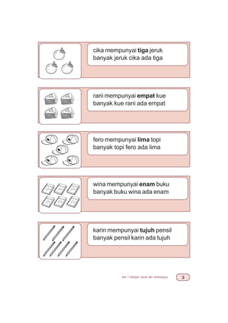 bab 1 bilangan cacah dan lambangnya !
cika mempunyai tiga jeruk
banyak jeruk cika ada tiga
rani mempunyai empat kue
banyak kue rani ada empat
fero mempunyai lima topi
banyak topi fero ada lima
wina mempunyai enam buku
banyak buku wina ada enam
karin mempunyai tujuh pensil
banyak pensil karin ada tujuh
 