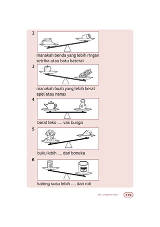 bab 7 pengukuran berat %'
2
manakah benda yang lebih ringan
setrika atau batu baterai
3
manakah buah yang lebih berat
apel atau nanas
4
berat teko .... vas bunga
5
buku lebih .... dari boneka
6
kaleng susu lebih .... dari roti
 