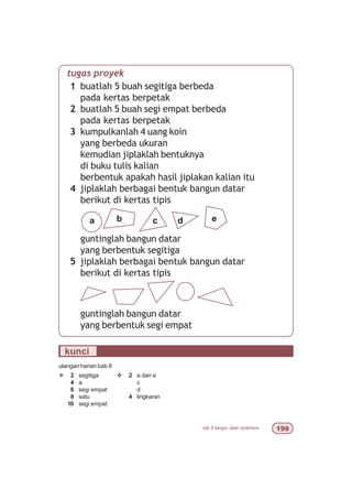 bab 8 bangun datar sederhana ''
tugas proyek
1 buatlah 5 buah segitiga berbeda
pada kertas berpetak
2 buatlah 5 buah segi empat berbeda
pada kertas berpetak
3 kumpulkanlah 4 uang koin
yang berbeda ukuran
kemudian jiplaklah bentuknya
di buku tulis kalian
berbentuk apakah hasil jiplakan kalian itu
4 jiplaklah berbagai bentuk bangun datar
berikut di kertas tipis
guntinglah bangun datar
yang berbentuk segitiga
5 jiplaklah berbagai bentuk bangun datar
berikut di kertas tipis
guntinglah bangun datar
yang berbentuk segi empat
a b c d e
kunci
ulangan harian bab 8
¯ 2 segitiga
4 a
6 segi empat
8 satu
10 segi empat
v 2 a dan e
c
d
4 lingkaran
 