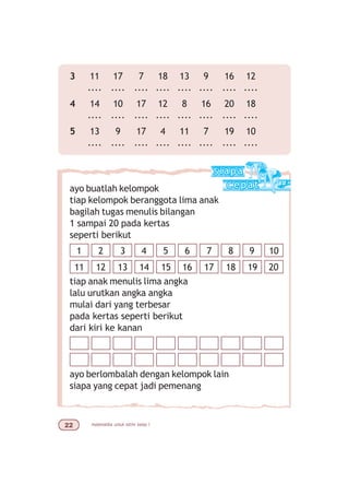 matematika untuk sd/mi kelas I
ayo buatlah kelompok
tiap kelompok beranggota lima anak
bagilah tugas menulis bilangan
1 sampai 20 pada kertas
seperti berikut
tiap anak menulis lima angka
lalu urutkan angka angka
mulai dari yang terbesar
pada kertas seperti berikut
dari kiri ke kanan
ayo berlombalah dengan kelompok lain
siapa yang cepat jadi pemenang
1 2 3 4 5 6 7 8 9 10
11 12 13 14 15 16 17 18 19 20
3 11 17 7 18 13 9 16 12
.... .... .... .... .... .... .... ....
4 14 10 17 12 8 16 20 18
.... .... .... .... .... .... .... ....
5 13 9 17 4 11 7 19 10
.... .... .... .... .... .... .... ....
 