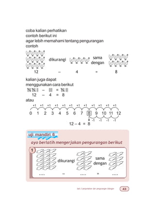 bab 2 penjumlahan dan pengurangan bilangan !
coba kalian perhatikan
contoh berikut ini
agar lebih memahami tentang pengurangan
contoh
dikurangi sama
dengan
12 – 4 = 8
uji mandiri 6
ayo berlatih mengerjakan pengurangan berikut
dikurangi
sama
dengan
.... – .... = ....
1
kalian juga dapat
menggunakan cara berikut
12 – 4 = 8
atau
0 1 2 3 4 5 6 7 8 9 10
+1 +1 +1 +1 +1 +1 +1 +1
12 – 4 = 8
– =
11 12
+1 +1 +1 +1
-1-1-1-1
 