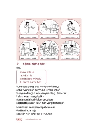 matematika untuk sd/mi kelas I$
v nama nama hari
lagu
senin selasa
rabu kamis
jumat sabtu minggu
itu nama nama hari
ayo siapa yang bisa menyanyikannya
coba nyanyikan bersama teman kalian
ternyata dengan menyanyikan lagu tersebut
kalian telah menyebutkan
nama nama hari dalam sepekan
sepekan adalah tujuh hari yang berurutan
hari dalam sepekan dapat dimulai
dari hari apa saja
asalkan hari tersebut berurutan
................... ................... ...................
................... ......................................
MEMANCING MAIN BONEKA
 