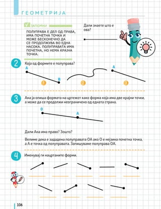 A A
B
0
A
Ана ја опиша формата на цртежот како форма која има две крајни точки,
а може да се продолжи неограничено од едната страна.
Дали Ана има право? Зошто?
Г Е О М Е Т Р И Ј А
106
Дали знаете што е
ова?
Која од формите е полуправа?
Именувај ги нацртаните форми.
ЗАПОМНИ
√
ПОЛУПРАВА Е ДЕЛ ОД ПРАВА,
ИМА ПОЧЕТНА ТОЧКА И
МОЖЕ БЕСКОНЕЧНО ДА
СЕ ПРОДОЛЖУВА ВО ЕДНА
НАСОКА. ПОЛУПРАВАТА ИМА
ПОЧЕТНА, НО НЕМА КРАЈНА
ТОЧКА.
Велиме дека е зададена полуправата ОА ако О е нејзина почетна точка,
а А е точка од полуправата. Запишуваме полуправа ОА.
 