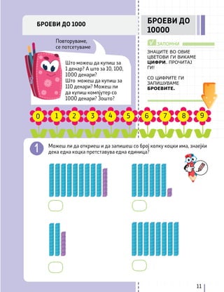 0 1 2 3 4 5 6 7 8 9
11
Повторуваме,
се потсетуваме
Што можеш да купиш за
1 денар? А што за 10, 100,
1000 денари?
Што можеш да купиш за
110 денари? Можеш ли
да купиш компјутер со
1000 денари? Зошто?
ЗНАЦИТЕ ВО ОВИЕ
ЦВЕТОВИ ГИ ВИКАМЕ
ЦИФРИ. ПРОЧИТАЈ
ГИ!
СО ЦИФРИТЕ ГИ
ЗАПИШУВАМЕ
БРОЕВИТЕ.
ЗАПОМНИ
√
Можеш ли да откриеш и да запишеш со број колку коцки има, знаејќи
дека една коцка претставува една единица?
БРОЕВИ ДО 1000 БРОЕВИ ДО
10000
0 1 4
2 5
3 6 7 8 9
 