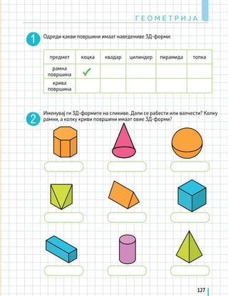 Г Е О М Е Т Р И Ј А
127
Одреди какви површини имаат наведениве 3Д-форми:
Именувај ги 3Д-формите на сликиве. Дали се рабести или валчести? Колку
рамни, а колку криви површини имаат овие 3Д-форми?
предмет коцка квадар цилиндер пирамида топка
рамна
површина
крива
површина
 