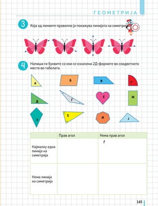 Која од линиите правилно ја покажува линијата на симетрија?
Напиши ги буквите со кои се означени 2Д-формите во соодветното
место во табелата.
Прав агол Нема прав агол
Најмалку една
линија на
симетрија
Нема линија
на симетрија
Г Е О М Е Т Р И Ј А
145
А
Б В Г
Д
З
Ѓ
Ѓ
Ѕ
E
И Ј
Ж
 