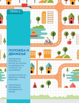 ТЕМА 2
ПОЛОЖБА И
ДВИЖЕЊЕ
ОДРЕДУВАЊЕ
ПОЛОЖБА СО
ВРТЕЊЕ ВО НАСОКА
НА ДВИЖЕЊЕ НА
СТРЕЛКИТЕ НА
ЧАСОВНИКОТ
ЦРТАЊЕ ПАТЕКА НА
ДВИЖЕЊЕ СПОРЕД
УПАТСТВО
ОЗНАЧУВАЊЕ
ПОЛОЖБА ВО
КООРДИНАТНА
МРЕЖА
 