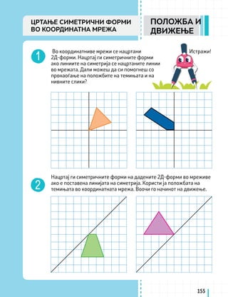 155
Во координатниве мрежи се нацртани
2Д-форми. Нацртај ги симетричните форми
ако линиите на симетрија се нацртаните линии
во мрежата. Дали можеш да си помогнеш со
пронаоѓање на положбите на темињата и на
нивните слики?
Нацртај ги симетричните форми на дадените 2Д-форми во мреживе
ако е поставена линијата на симетрија. Користи ја положбата на
темињата во координатната мрежа. Воочи го начинот на движење.
ПОЛОЖБА И
ДВИЖЕЊЕ
ЦРТАЊЕ СИМЕТРИЧНИ ФОРМИ
ВО КООРДИНАТНА МРЕЖА
Истражи!
 