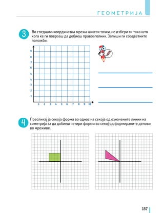 Во следнава координатна мрежа нанеси точки, но избери ги така што
кога ќе ги поврзеш да добиеш правоаголник. Запиши ги соодветните
положби.
Г Е О М Е Т Р И Ј А
157
Пресликај ја секоја форма во однос на секоја од означените линии на
симетрија за да добиеш четири форми во секој од формираните делови
во мреживе.
1
1
3
3 5
5
7
7
2
2
4
4
6
6
8
9
8 9 10
 
