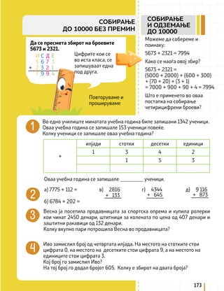 Да се пресмета збирот на броевите
5673 и 2321.
Повторуваме и
прошируваме
И С Д Е
5 6 7 3
+ 2 3 2 1
7 9 9 4
Цифрите кои се
во иста класа, се
запишуваат една
под друга.
Можеме да собереме и
поинаку:
5673 + 2321 = 7994
Како се наоѓа овој збир?
5673 + 2321 =
(5000 + 2000) + (600 + 300)
+ (70 + 20) + (3 + 1)
= 7000 + 900 + 90 + 4 = 7994
Што е применето во оваа
постапка на собирање
четирицифрени броеви?
Во едно училиште минатата учебна година биле запишани 1342 ученици.
Оваа учебна година се запишале 153 ученици повеќе.
Колку ученици се запишале оваа учебна година?
+
илјади стотки десетки единици
1 3 4 2
1 5 3
Оваа учебна година се запишале _________ ученици.
а) 7775 + 112 = в) 2816 г) 4344 д) 9 116
б) 6784 + 202 =		
+ 133 + 645 + 873
Весна ја посетила продавницата за спортска опрема и купила ролерки
кои чинат 2450 денари, штитници за колената по цена од 407 денари и
заштитни ракавици од 132 денари.
Колку вкупно пари потрошила Весна во продавницата?
Иво замислил број од четвртата илјада. На местото на стотките стои
цифрата 0, на местото на десетките стои цифрата 9, а на местото на
единиците стои цифрата 3.
Кој број го замислил Иво?
На тој број го додал бројот 605. Колку е збирот на двата броја?
173
СОБИРАЊЕ
И ОДЗЕМАЊЕ
ДО 10000
СОБИРАЊЕ
ДО 10000 БЕЗ ПРЕМИН
 