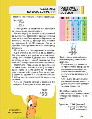 Проценуваме
и истражуваме
Потсети се на постапката за писмено одземање.
Пресметај:
6000
– 3456
ДИ ЕИ С Д Е

6
3

0
4

0
5
0
6
5
3
9
4
9
5
10
6
2 5 4 4
Започнуваме со одземање на единиците
од намаленикот и намалителот.
Во овој случај не можеме да одземеме 6
од 0, па затоа, позајмуваме една десетка од
десетките и го забележуваме зајмувањето на
десетката. Имаме 10 единици. Сега можеме
да одземеме 6 од 10 единици. Тоа се 4
единици. Запишуваме во класата единици од
разликата.
Постапката ја продолжуваме на ист начин:
Една стотка ја заменуваме со 10 десетки.
Но, една веќе е употребена во претходниот
чекор, а остануваат 9 десетки. Сега можеме
да одземеме 5 десетки од 9 десетки, тоа се 4
десетки.Запишувамевокласатанадесетките.
Постапката продолжува со одземање на
стотките, на ист начин како и кај десетките.
Една илјада ја заменуваме со 10 стотки,
едната стотка веќе е употребена, остануваат
9 стотки, па одземаме 4 стотки и остануваат
5 стотки кои ги запишуваме во класата на
стотките.
Сега, кај илјадите останаа 5, одземаме 3 и
остануваат 2 илјади во класата на илјади.
6000
- 3456
2544
5 9 9 10
Како се проверува добиениот
резултат при одземањето на
два броја?
Резултатот од одземањето
се проверува со собирање на
разликата со намалителот.
Ако се добие намаленикот,
резултатот од одземањето е
точен.
Слично, ако со одземање на
разликата од намаленикот се
добие намалителот, повторно
точно си пресметал!
Што забележуваш, дали
собирањето и одземањето како
операции се поврзани? На кој
начин?
6000
– 3456
2544
Проверка: 2544 (разлика)
+ 3456 (намалител)
6000 (намаленик)
179
СОБИРАЊЕ
И ОДЗЕМАЊЕ
ДО 10000
ОДЗЕМАЊЕ
ДО 10000 СО ПРЕМИН
 