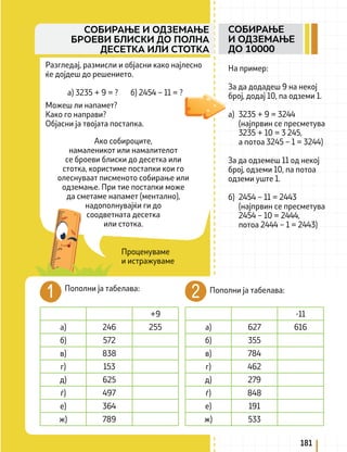 Проценуваме
и истражуваме
Разгледај, размисли и објасни како најлесно
ќе дојдеш до решението.
а) 3235 + 9 = ? б) 2454 – 11 = ?
Можеш ли напамет?
Како го направи?
Објасни ја твојата постапка.
На пример:
За да додадеш 9 на некој
број, додај 10, па одземи 1.
а) 3235 + 9 = 3244
(најпрвин се пресметува
3235 + 10 = 3 245,
а потоа 3245 – 1 = 3244)
За да одземеш 11 од некој
број, одземи 10, па потоа
одземи уште 1.
б) 2454 – 11 = 2443
(најпрвин се пресметува
2454 – 10 = 2444,
потоа 2444 – 1 = 2443)
Ако собироците,
намаленикот или намалителот
се броеви блиски до десетка или
стотка, користиме постапки кои го
олеснуваат писменото собирање или
одземање. При тие постапки може
да сметаме напамет (ментално),
надополнувајќи ги до
соодветната десетка
или стотка.
Пополни ја табелава: Пополни ја табелава:
+9
а) 246 255
б) 572
в) 838
г) 153
д) 625
ѓ) 497
е) 364
ж) 789
-11
а) 627 616
б) 355
в) 784
г) 462
д) 279
ѓ) 848
е) 191
ж) 533
181
СОБИРАЊЕ
И ОДЗЕМАЊЕ
ДО 10000
СОБИРАЊЕ И ОДЗЕМАЊЕ
БРОЕВИ БЛИСКИ ДО ПОЛНА
ДЕСЕТКА ИЛИ СТОТКА
 