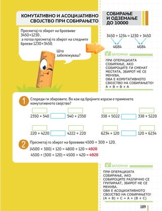 Пресметај го збирот на броевиве
3450+1230 ,
а потоа пресметај го збирот на следните
броеви 1230+3450.
Што
забележуваш?
3450 + 1234 = 1230 + 3450
4684 4684
ПРИ ОПЕРАЦИЈАТА
СОБИРАЊЕ, АКО
СОБИРОЦИТЕ ГИ СМЕНАТ
МЕСТАТА, ЗБИРОТ НЕ СЕ
МЕНУВА.
ОВА Е КОМУТАТИВНОТО
СВОЈСТВО НА СОБИРАЊЕТО!
A + B = B + А
ЗАПОМНИ
√
Спореди ги збировите. Во кои од бројните изрази е применето
комутативното својство?
2350 + 540 540 + 2350 338 + 5022 338 + 5220
			
220 + 4220 4222 + 220 6234 + 120 120 + 6234
Пресметај го збирот на броевиве 4500 + 300 + 120.
(4500 + 300) + 120 = 4800 + 120 = 4920
4500 + (300 + 120) = 4500 + 420 = 4920
ПРИ ОПЕРАЦИЈАТА
СОБИРАЊЕ, АКО
СОБИРОЦИТЕ РАЗЛИЧНО СЕ
ГРУПИРААТ, ЗБИРОТ НЕ СЕ
МЕНУВА.
ОВА Е АСОЦИЈАТИВНОТО
СВОЈСТВО НА СОБИРАЊЕТО!
(A + B) + C = A + (B + C)
ЗАПОМНИ
√
189
СОБИРАЊЕ
И ОДЗЕМАЊЕ
ДО 10000
КОМУТАТИВНО И АСОЦИЈАТИВНО
СВОЈСТВО ПРИ СОБИРАЊЕТО
 