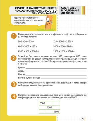 Примени го комутативното или асоцијативното својство за собирањето
да ти биде полесно:
500 + 30 + 324 = 125 + 1000 + 2 325 =
400 + 3600 + 100 = 5000 + 630 + 200 =
6500 + 500 + 2000 = 2300 + 1200 + 4500 =
Татко ѝ на Ема отишол на пазар и купил 1500 грама цреши, 800 грама
повеќе јагоди од цреши, 400 грама помалку праски од јагоди. По колку
грама овошје купил од секој вид? Колку вкупно грама овошје купил татко
ѝ на Ема?
Цреши _________________________________________________________
Јагоди _________________________________________________________
Праски _________________________________________________________
Вкупно купено овошје ___________________________________________
Напиши ги следбениците на броевиве 3457, 5111 и 1315 и потоа собери
ги. Групирај за побргу да пресметаш.
Пополни ги празните квадратчиња така што збирот на броевите во
секоја од редиците и колоните од табелата да изнесува 10000.
6500
6500
6500
Користи го комутативното
или асоцијативното својство на
собирањето.
191
СОБИРАЊЕ
И ОДЗЕМАЊЕ
ДО 10000
ПРИМЕНА НА КОМУТАТИВНОТО
И АСОЦИЈАТИВНОТО СВОЈСТВО
ПРИ СОБИРАЊЕТО
 