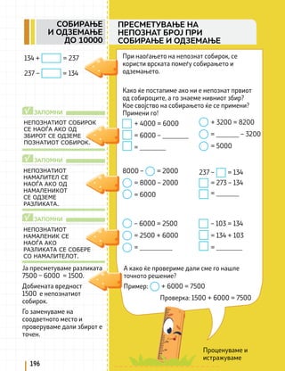 Проценуваме и
истражуваме
При наоѓањето на непознат собирок, се
користи врската помеѓу собирањето и
одземањето.
134 + = 237
237 – = 134
Како ќе постапиме ако ни е непознат првиот
од собироците, а го знаеме нивниот збир?
Кое својство на собирањето ќе се примени?
Примени го!
+ 4000 = 6000
= 6000 – ________
= ________
+ 3200 = 8200
= _______ – 3200
= 5000
НЕПОЗНАТИОТ СОБИРОК
СЕ НАОЃА АКО ОД
ЗБИРОТ СЕ ОДЗЕМЕ
ПОЗНАТИОТ СОБИРОК.
ЗАПОМНИ
√
8000 – = 2000
= 8000 – 2000
= 6000
237 – = 134
= 273 – 134
= _______
ЗАПОМНИ
√
ЗАПОМНИ
√
НЕПОЗНАТИОТ
НАМАЛИТЕЛ СЕ
НАОЃА АКО ОД
НАМАЛЕНИКОТ
СЕ ОДЗЕМЕ
РАЗЛИКАТА.
– 103 = 134
= 134 + 103
= ________
– 6000 = 2500
= 2500 + 6000
= __________
ЗАПОМНИ
√
НЕПОЗНАТИОТ
НАМАЛЕНИК СЕ
НАОЃА АКО
РАЗЛИКАТА СЕ СОБЕРЕ
СО НАМАЛИТЕЛОТ.
А како ќе провериме дали сме го нашле
точното решение?
Пример: + 6000 = 7500
Ја пресметуваме разликата
7500 – 6000 = 1500.
Добиената вредност
1500 е непознатиот
собирок.
Го заменуваме на
соодветното место и
проверуваме дали збирот е
точен.
Проверка: 1500 + 6000 = 7500
196
СОБИРАЊЕ
И ОДЗЕМАЊЕ
ДО 10000
ПРЕСМЕТУВАЊЕ НА
НЕПОЗНАТ БРОЈ ПРИ
СОБИРАЊЕ И ОДЗЕМАЊЕ
 