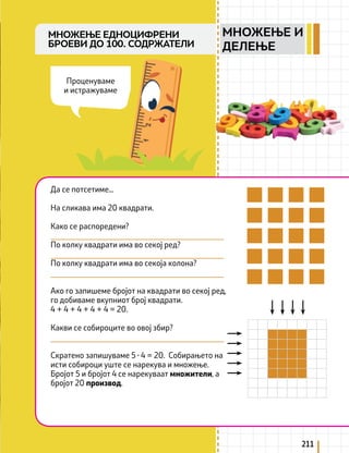 211
Проценуваме
и истражуваме
Да се потсетиме...
На сликава има 20 квадрати.
Како се распоредени?
По колку квадрати има во секој ред?
По колку квадрати има во секоја колона?
Ако го запишеме бројот на квадрати во секој ред,
го добиваме вкупниот број квадрати.
4 + 4 + 4 + 4 + 4 = 20.
Какви се собироците во овој збир?
Скратено запишуваме 5 ∙ 4 = 20. Собирањето на
исти собироци уште се нарекува и множење.
Бројот 5 и бројот 4 се нарекуваат множители, а
бројот 20 производ.
МНОЖЕЊЕ ЕДНОЦИФРЕНИ
БРОЕВИ ДО 100. СОДРЖАТЕЛИ
МНОЖЕЊЕ И
ДЕЛЕЊЕ
 
