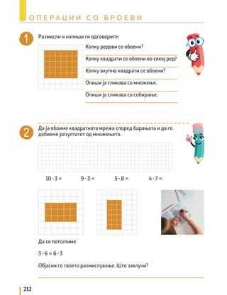 Колку редови се обоени?
Колку квадрати се обоени во секој ред?
Колку вкупно квадрати се обоени?
Опиши ја сликава со множење.
Опиши ја сликава со собирање.
Размисли и напиши ги одговорите:
Да ја обоиме квадратната мрежа според барањата и да го
добиеме резултатот од множењето.
Да се потсетиме
3 · 6 = 6 · 3
Објасни го твоето размислување. Што заклучи?
4 · 7 =
5 · 8 =
9 · 3 =
10 · 3 =
212
О П Е Р А Ц И И С О Б Р О Е В И
 