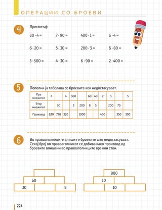 Пресметај:
Пополни ја табелава со броевите кои недостасуваат.
Во правоаголниците впиши ги броевите што недостасуваат.
Секој број во правоаголникот се добива како производ од
броевите впишани во правоаголниците врз кои стои.
80 ∙ 4 = 7 ∙ 90 = 400 ∙ 1 = 6 ∙ 4 =
6 ∙ 20 = 5 ∙ 30 = 200 ∙ 3 = 6 ∙ 80 =
3 ∙ 500 = 4 ∙ 30 = 6 ∙ 90 = 2 ∙ 400 =
Прв
множител
7 4 300 60 40 2 3 5
Втор
множител
90 3 200 8 5 200 70
Производ 630 720 320 1000 400 350 300
60
30 5
900
10
10
224
О П Е Р А Ц И И С О Б Р О Е В И
 