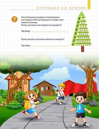 На еколошката акција за пошумување
учествувале 60 наставници и четири пати
повеќе ученици.
Колку ученици учествувале во акцијата?
Одговор:
Одговор:
Колку вкупно учесници имало во акцијата?
7
9
81
8 9
7 8 9
49 56 63
6 7 8 9
5 6 7 8 9
4 5 6 7 8 9
3 4 5 6 7 8 9
2 3 4 5 6 7 8 9
4 6 8 10 12 14 16 18
9 12 15 18 21 24 27
36 42 48 54
25 30 35 40 45
16 20 24 28 32 36
64 72
9
8
7
6
5
4
3
2
225
О П Е Р А Ц И И С О Б Р О Е В И
 