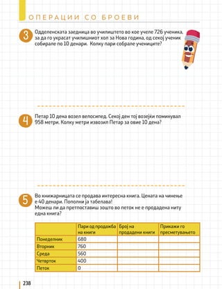 Одделенската заедница во училиштето во кое учеле 726 ученика,
за да го украсат училишниот хол за Нова година, од секој ученик
собирале по 10 денари. Колку пари собрале учениците?
Петар 10 дена возел велосипед. Секој ден тој возејќи поминувал
958 метри. Колку метри извозил Петар за овие 10 дена?
Во книжарницата се продава интересна книга. Цената на чинење
е 40 денари. Пополни ја табелава!
Можеш ли да претпоставиш зошто во петок не е продадена ниту
една книга?
Пари од продажба
на книги
Број на
продадени книги
Прикажи го
пресметувањето
Понеделник 680
Вторник 760
Среда 560
Четврток 400
Петок 0
238
О П Е Р А Ц И И С О Б Р О Е В И
 