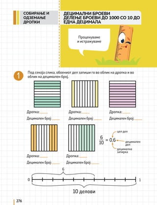 276
6
10
0,6
=
ДЕЦИМАЛНИ БРОЕВИ
ДЕЛЕЊЕ БРОЕВИ ДО 1000 СО 10 ДО
ЕДНА ДЕЦИМАЛA
Под секоја слика, обоениот дел запиши го во облик на дропка и во
облик на децимален број.
Дропка:
Дропка: Дропка:
Дропка: Дропка:
Децимален број:
Децимален број: Децимален број:
Децимален број: Децимален број:
10 делови
6
0 1
цел дел
децимален
дел
децимална
запирка
Проценуваме
и истражуваме
СОБИРАЊЕ И
ОДЗЕМАЊЕ
ДРОПКИ
 