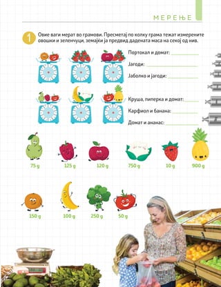 М Е Р Е Њ Е
293
Овие ваги мерат во грамови. Пресметај по колку грама тежат измерените
овошки и зеленчуци, земајќи ја предвид дадената маса на секој од нив.
75 g
150 g
125 g
100 g
120 g
250 g
750 g
50 g
10 g 900 g
Портокал и домат: ___________
Јагоди: ____________________
Јаболко и јагоди: ____________
Круша, пиперка и домат:______
Карфиол и банана: __________
Домат и ананас: _____________
 