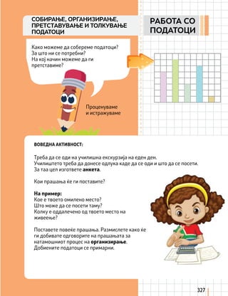 Проценуваме
и истражуваме
Како можеме да собереме податоци?
За што ни се потребни?
На кој начин можеме да ги
претставиме?
Треба да се оди на училишна екскурзија на еден ден.
Училиштето треба да донесе одлука каде да се оди и што да се посети.
За таа цел изгответе анкета.
Кои прашања ќе ги поставите?
На пример:
Кое е твоето омилено место?
Што може да се посети таму?
Колку е оддалечено од твоето место на
живеење?
Поставете повеќе прашања. Размислете како ќе
ги добивате одговорите на прашањата за
натамошниот процес на организирање.
Добиените податоци се примарни.
ВОВЕДНА АКТИВНОСТ:
327
РАБОТА СО
ПОДАТОЦИ
СОБИРАЊЕ, ОРГАНИЗИРАЊЕ,
ПРЕТСТAВУВАЊЕ И ТОЛКУВАЊЕ
ПОДАТОЦИ
 
